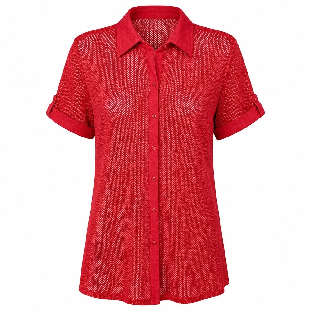Roamans Red Mesh Short Sleeve Button Up Shirt Collared Top Size M Popover Sheer